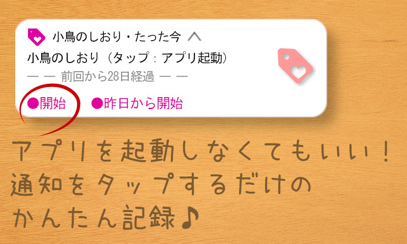小鳥のしおり(通知をタップして生理記録)